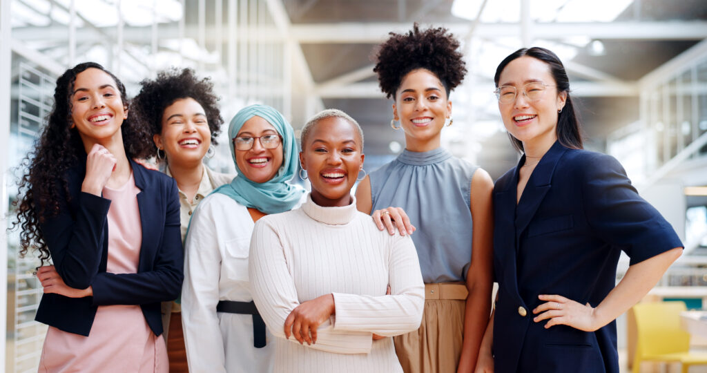 Women, diversity and empowerment, portrait of doula. Teamwork, power and confident group